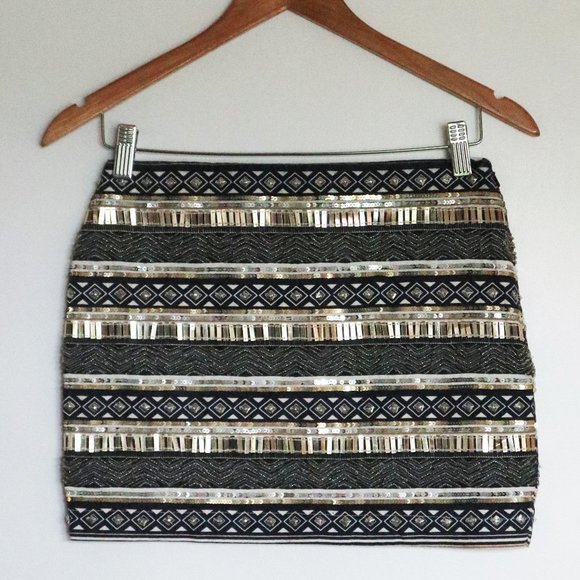 Navy, White, and Gold Sequined and Beaded Striped Mini Skirt - Picture 1 of 10
